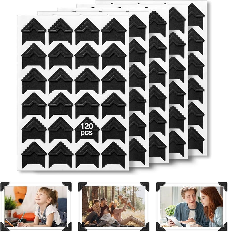 Chiallco Acid Free Photo Corners Self-Adhesive, 120 Pcs Premium Photo Corners for Scrapbooking, Black Photo Picture Mounting Corners for Photo Album, DIY Scrapbook Stickers, Memory Books, Diary - Image 1